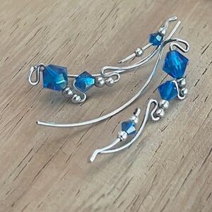 Sapphire blue Crystal Bead Sterling Silver ear cuff